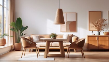 Home studio interior with couch and armchairs, dining table and cabinet near window