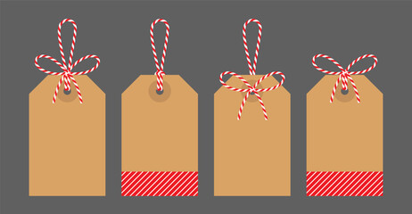 Set Blank Christmas New Year tag with bow and ribbons. Striped kraft paper background, for gift tied up with cotton red rope bakers twine. Packing string for  present, sale. Isolated vector EPS10