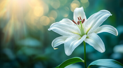 Fototapeta premium Luminous white lily flower with gentle green leaves illuminated by sunlight for spring