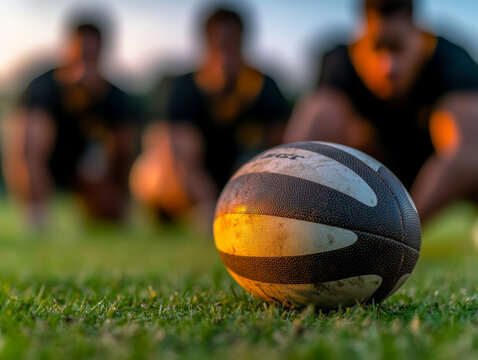 A football is on the grass with a group of people around it.