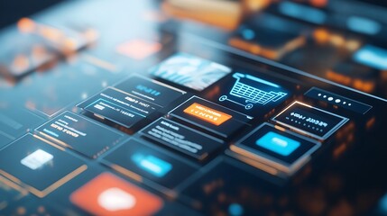 Global e-commerce marketplace interface, close-up on product listings and currency conversions, sleek and modern design.