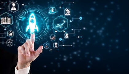 Fototapeta premium Man finger touch glowing startup hologram and business icons. Copy space