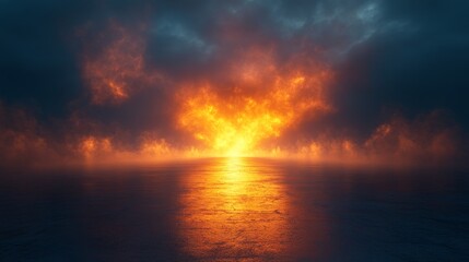 A fiery sun is setting over a calm ocean