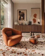 Modern Living Room Interior Design with Terrazzo Floor and Abstract Art