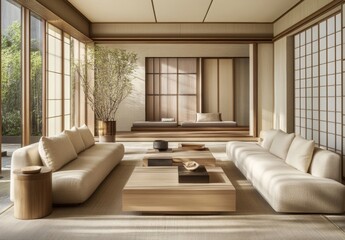 Minimalist Japanese Living Room Interior Design with Wooden Furniture and Natural Light