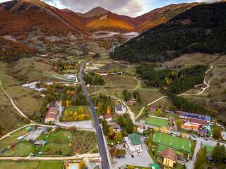 Aerial view of Pescasseroli in the Abruzzo Lazio and Molise National Park. The foliage in autumn
