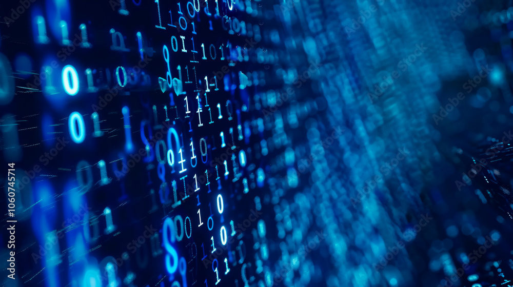 Fototapete blue digital binary data displayed on a computer screen background, representing technological and d