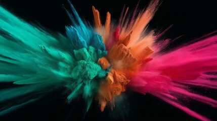 Explosive burst of vibrant colored powder in mid-air on a dark black background creating a dynamic visual effect