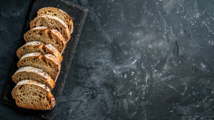 Sliced bread on dark stone surface seen from above