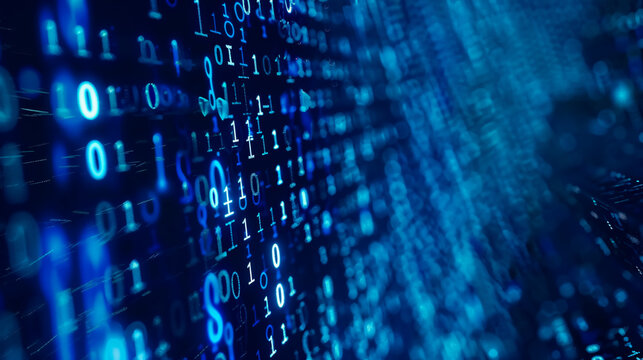 Blue digital binary data displayed on a computer screen background, representing technological and digital concepts.