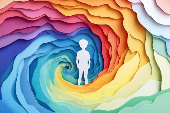 Paper cut illustration of autism with white silhouette boy on colorful swirl background. Cut out mental health composition with child on rainbow backdrop. Psychological abstract horizontal poster