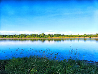 Serenity of a calm river under a bright blue sky with lush greenery along the banks in afternoon light