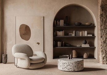 Minimalist Living Room Interior Design with Beige Walls and a Modern Armchair