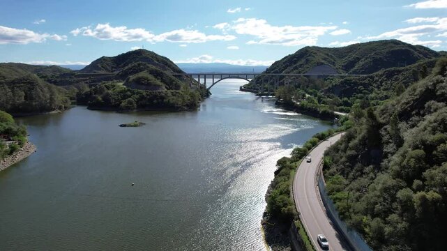 Aerial view of the Arch Bridge over San Roque Lake, Villa Carlos Paz, Cordoba, Argentina.
