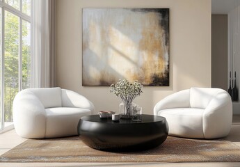 Modern Living Room Interior Design with White Armchairs and Black Coffee Table