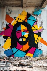 Obraz premium Graffiti of the resurrection with Jesus emerging from the tomb in bright abstract colors
