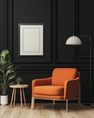 Modern Living Room Interior Design with Orange Armchair and Black Walls