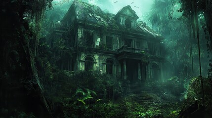 Overgrown Mansion in a Lush and Foggy Jungle