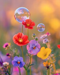 Vibrant blooming flowers in a colorful garden with floating bubbles and blurred natural bokeh background at sunset
