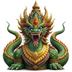 The Thai temple's serpent king or king of Naga statue is isolated on a white background.