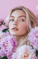 an Australian blonde supermodel with pink eye makeup and large peony flowers in her hair, close-up shot, beauty campaign