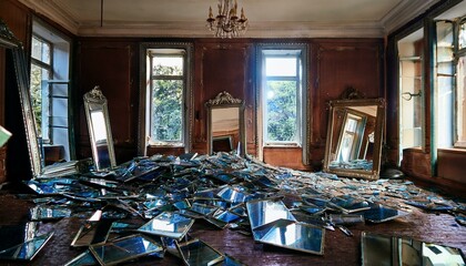 A room littered with broken mirrors