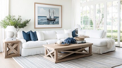 Creating a serene coastal farmhouse living room with white slipcovered sofa and natural elements for relaxed elegance