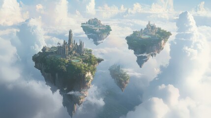 Obraz premium Floating Islands With Ancient City Ruins in a Cloudy Sky
