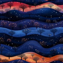 Obraz premium Enchanted landscape with vibrant rolling hills and silhouetted trees under a starry night sky and pastel colors