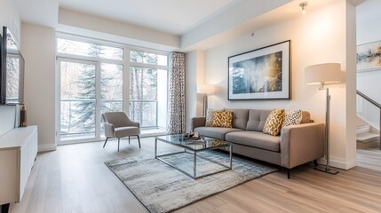 Fototapeta premium Embracing contemporary chic a plush sofa in a modern living room with elegant design elements and natural light