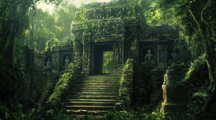 Ancient Stone Temple Overgrown with Lush Jungle Foliage