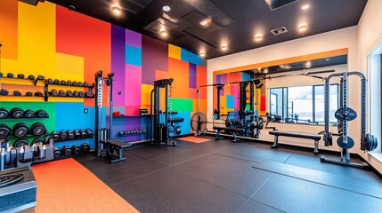 Innovative contemporary gym design features vibrant walls and polished concrete floors for ultimate workout experience