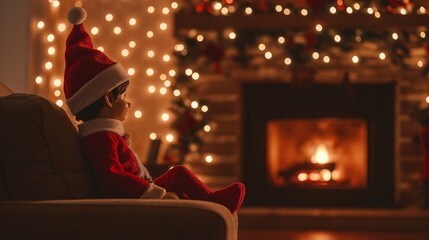 Elf sitting in a chair opposite a glowing fireplace with bokeh lights and festive atmosphere in the background