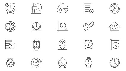 Clock line icon set. Calendar, timer, time, stopwatch, countdown, schedule, hourglass, hours,  arrow, date, event, month, day, agenda, clock line icon set. UI thin line icon pack.