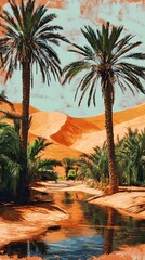 A desert oasis with palm trees and water, painted in the style of vintage poster art. The orange sand dunes loom behind it, creating an exotic atmosphere