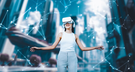 Female stand wear white VR headset and white sleeveless connect metaverse, future technology create...