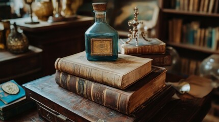 A vintage arrangement of books and a decorative bottle in a cozy library setting.