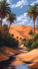 A desert oasis with palm trees and water, painted in the style of vintage poster art. The orange sand dunes loom behind it, creating an exotic atmosphere