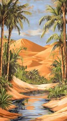 A desert oasis with palm trees and water, painted in the style of vintage poster art. The orange sand dunes loom behind it, creating an exotic atmosphere