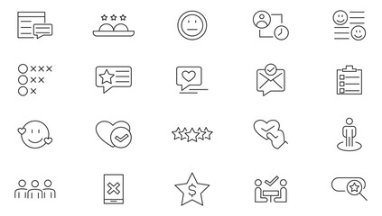 Feedback line icon set.  Survey, checklist, feedback, option, accept, arrow, way, messages, calls, rating, bubbles, review, satisfied, graph, marketing line icon set. UI thin line icon pack.