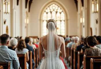 Bride walks down aisle toward stained glass window, guests watch. Brides processional towards stained glass window at wedding with guests watching. Ideal for wedding blogs, invitations, cards, 
