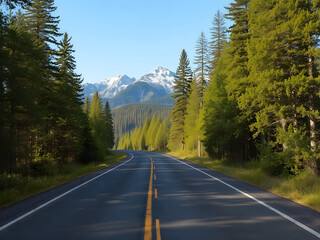 Fototapeta premium road, highway, mountain, mountains, landscape, travel, forest, sky, nature, asphalt, canada, tree, autumn, rural, trees, transportation, drive, scenic, country, rockies, snow, summer, street, nobody, 
