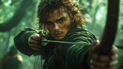 Robin Hood in Green Tunic Aiming Bow - legendary figure