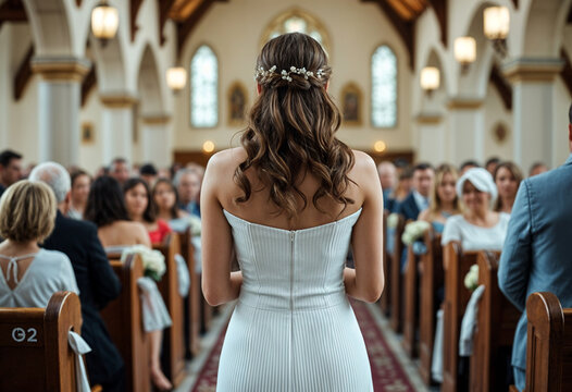 Bride walks down aisle toward stained glass window, guests watch. Brides processional towards stained glass window at wedding with guests watching. Ideal for wedding blogs, invitations, cards, 
