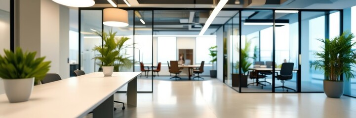 Modern office interior, open plan workspace, glass partitions, wooden desks, ergonomic chairs, natural light, floor-to-ceiling windows, city skyline view, indoor plants, minimalist design, clean aesth