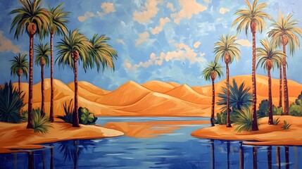 A desert oasis with palm trees and water, painted in the style of vintage poster art. The orange sand dunes loom behind it, creating an exotic atmosphere