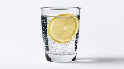 Refreshing High-Resolution Glass of Sparkling Water with Lemon Slice Isolated on White Background