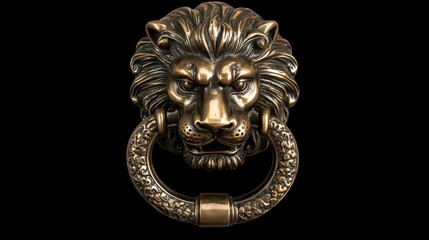 Majestic Antique Brass Lion Door Knocker on Dark Background - Vintage Home Decor Detail