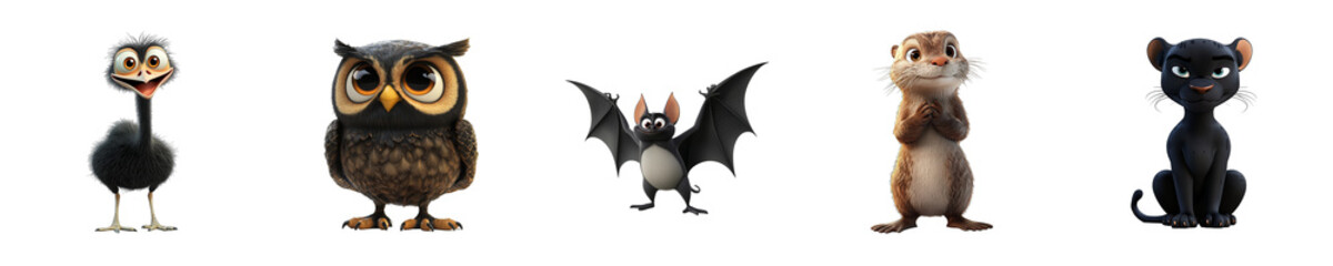 Naklejka premium Collection set of animals Ostrich Owl Bat Otter Panther isolated on transparent background 3D style