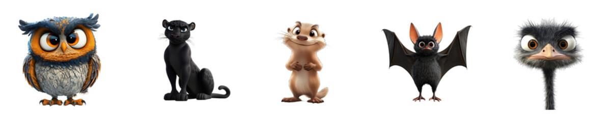 Fototapeta premium Collection set of animals Owl Panther Otter Bat Ostrich isolated on transparent background 3D style